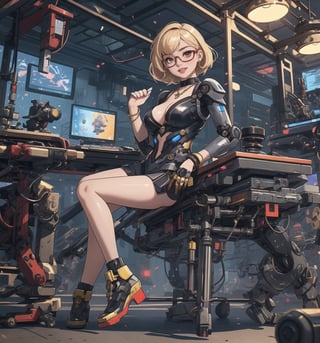 Image with mecha, science fiction, action, adventure, and romance styles, rendered in ultra-high resolution with realistic details. | Aiko, a 25-year-old robot woman, is completely naked, wearing only a pair of red-colored sunglasses with mirrored lenses, a gold necklace with a gear-shaped pendant, silver bracelets on her hands, and a gold ring with a small diamond on her left hand. She has blonde short hair, hair with a modern and stylish cut, straight and short hair. Her bright red eyes are looking at the viewer, she is ((smiling)), showing her white teeth and red-painted lips. The scene takes place in a futuristic laboratory, with steel and glass structures, metal structures, plastic structures, a robot, machines, computers. | The composition in a wide-angle shot highlights Aiko's imposing figure, her metallic skin, and the architectural elements of the laboratory. The steel and glass structures, along with Aiko, the robot, the machines, and the computers, create a science fiction, action, and adventure-filled environment. The lights scattered throughout the environment illuminate the scene, creating dramatic shadows and highlighting the details of the scene. | Soft and bright lighting effects create a futuristic and enchanting atmosphere, while detailed textures on the metallic skin, hair, and Aiko's accessories add realism to the image. | A charming and mysterious scene of Aiko, a robot woman in a futuristic laboratory, blending elements of mecha, science fiction, action, adventure, and romance. | ((fix_errors)). | (((((The image reveals a full-body shot of the character as she assumes a sensual pose. She enticingly leans, throws herself, and supports herself against a structure within the scene in an exciting manner. While leaning back, she takes on a sensual pose, boldly throwing herself onto the structure and reclining back in an exhilarating way.))))). | ((full-body shot)), ((perfect pose)), ((perfect fingers, better hands, perfect hands)), ((perfect legs, perfect feet)), ((huge breasts)), ((perfect design)), ((perfect composition)), ((very detailed scene, very detailed background, perfect layout, correct imperfections)), More Detail, Enhance