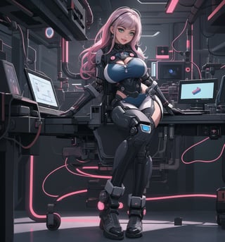 An ultra-detailed 16K masterpiece with futuristic and cyberpunk styles, rendered in ultra-high resolution with graphic details and metallic textures. | Ana, a 28-year-old woman, is dressed in a futuristic outfit, consisting of a silver fitted outfit with blue details and a transparent helmet. She is also wearing white gloves and tall silver boots. Her pink hair is short and combed back, with a few loose strands falling in front. She has green eyes, looking at the viewer while smiling, showing her teeth and wearing red lipstick. It is located in a futuristic laboratory, with machines, computers, a robot and metal structures with pipes and wiring. The scene is illuminated by LED lights, creating a technological and futuristic environment. There is advanced scientific equipment spread throughout the site, creating an environment of innovation and discovery. | The image highlights Ana's sensual figure and the architectural elements of the laboratory. Metallic structures, computers, robots and scientific equipment create a technological and futuristic environment. LED lights create dramatic shadows and highlight details in the scene. | Soft, colorful lighting effects create a sensual and mysterious atmosphere, while metallic and detailed textures on the materials add realism to the image. | A sensual and technological scene of Ana in a futuristic laboratory, fusing elements of futuristic art and cyberpunk. | (((The image reveals a full-body shot as Ana assumes a sensual pose, engagingly leaning against a structure within the scene in an exciting manner. She takes on a sensual pose as she interacts, boldly leaning on a structure, leaning back and boldly throwing herself onto the structure, reclining back in an exhilarating way.))). | ((((full-body shot)))), ((perfect pose)), ((perfect limbs, perfect fingers, better hands, perfect hands)), ((perfect legs, perfect feet)), ((huge breasts)), ((perfect design)), ((perfect composition)), ((very detailed scene, very detailed background, perfect layout, correct imperfections)), Enhance++, Ultra details++, More Detail++