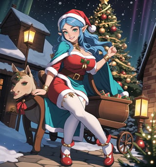 An ultra-detailed 16K masterpiece with Fantasy and Christmas styles, rendered in ultra-high resolution with realistic details. | Princess Zelda, a 25-year-old woman, dressed in a Mrs. Claus costume. The costume is red and white, with gold details, and has several accessories, such as a Santa hat, a cape and black boots. Her blue hair is long and wavy, tied in a high bun. She has green eyes, looking at the viewer, ((smiling and showing her teeth)). It is located in front of a brick house, with wooden structures, a sleigh, bags of gifts, toys and a Christmas tree. It's night, and the aurora borealis lights up the sky, creating a magical and enchanted atmosphere. | The image highlights Princess Zelda's sensual and seductive figure and the festive and magical elements of the scene. The brick house, the sleigh, the gift bags, the toys and the Christmas tree, together with the woman dressed as Mrs. Claus, create a magical and cozy environment. The aurora borealis lighting up the sky adds a touch of drama and mystery to the scene. The shadows created by the light of the aurora borealis highlight the details of the scene and create a tense and magical atmosphere. | Dramatic and vibrant lighting effects create a magical and immersive atmosphere, while detailed textures on the structures, sleigh, Christmas tree and costume add realism to the image. | An exciting and festive scene of Princess Zelda dressed as Mrs. Claus in front of a brick house, exploring themes of fantasy, magic and seduction. | (((The image reveals a full-body_shot as the Princess Zelda assumes a sensual pose, engagingly leaning against a structure within the scene in an exciting manner. She takes on a sensual pose as she interacts, boldly leaning on a structure, leaning back and boldly throwing herself onto the structure, reclining back in an exhilarating way.))). | (((full-body_shot))), ((perfect pose)), ((perfect fingers, better hands, perfect hands)), ((perfect legs, perfect feet)), ((huge breasts)), ((perfect design)), ((perfect composition)), ((very detailed scene, very detailed background, perfect layout, correct imperfections)), More Detail, Enhance