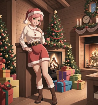 A razor-sharp 4K masterpiece with a warm, realistic style, rendered in ultra-high resolution with graphic detail. | A young 24-year-old woman, with short pink hair and two long pigtails, is dressed in a Santa Claus costume, consisting of a red blouse with white details, a red skirt, red and white striped socks, black boots and a hat Santa Claus with luminous clips. She has green eyes, she is looking at the viewer, while ((smiles, showing her teeth)). She finds herself inside a cozy wooden house, with wooden structures, a chimney, comfortable furniture and a beautiful decorated Christmas tree. The warm light of the fireplace and the twinkling lights of the Christmas tree create a cozy and festive atmosphere, highlighting the details of the scene. | The image highlights the woman's figure, her clothes and accessories, as well as the elements of the wooden house around her. The details of the wood, chimney, furniture and decorations add realism to the image. | Soft, warm lighting effects create a cozy, Christmas-spirited atmosphere, while detailed textures on fur and fabrics add realism to the image. | A warm and festive scene of a young woman as Santa Claus in a wooden house, exploring themes of comfort, joy and Christmas spirit. | (((((The image reveals a full-body shot as she strikes a sensual pose, engagingly leaning against a structure within the scene in a thrilling manner. As she leans back, she assumes a sensual pose, leaning against the structure and reclining in an exciting way.))))). | ((full-body shot)), ((perfect pose)), ((perfect fingers, better hands, perfect hands)), ((perfect legs, perfect feet)), ((huge breasts)), ((perfect design)), ((perfect composition)), ((very detailed scene, very detailed background, perfect layout, correct imperfections)), More Detail, Enhance