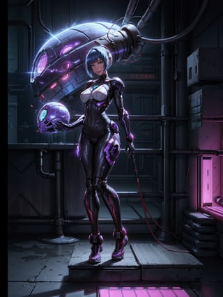 A woman, wearing cybernetic suit+white bionic armor with red bands, gigantic breasts, blue hair, very short hair, mohawk hair, bangs in front of her eyes, helmet on her head, looking at the viewer, (((erotic pose interacting and leaning on an object))), in a laboratory with machines, robots, pipes with luminous lights, windows showing the city, ((full body):1.5). 16k, UHD, best possible quality, ((best possible detail):1), best possible resolution, Unreal Engine 5, professional photography, ((Super Metroid)), perfect_hands,