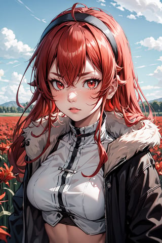 (masterpiece), best quality, expressive eyes, perfect face, looking at viewer, 1girl, solo, (portrait), (upper body), mature female, red hair, long hair, ahoge, hairband, crossed bangs, hair between eyes, black hairband, sidelocks, red eyes, white shirt, fur-trimmed jacket, ((black jacket)), (black collar), open jacket, coat, crop top, large breasts, (field), lycoris radiata, red lily, red spider lily field, sky