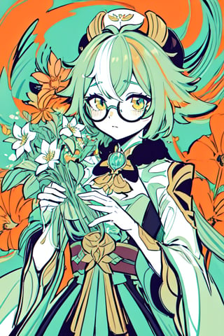 masterpiece, best quality, high quality, 1girl, flowers, strawberry flowers, big flowers, flat color, lineart, abstract, ornate, light green theme, polychrome, glasses, limited palette, ,sucrose \(genshin impact\)