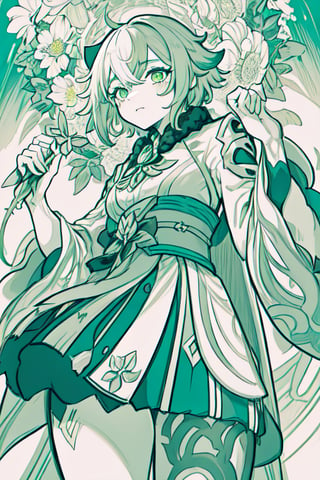 masterpiece, best quality, high quality, 1girl, (from below:1.2), flowers, strawberry flowers, big flowers, flat color, lineart, abstract, ornate, light green theme,  monochrome palette, polychrome, wanderer, limited palette, ,sucrose \(genshin impact\)