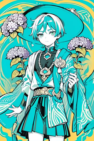 masterpiece, best quality, 1boy, flowers, hydrangea, flat color, lineart, abstract, ornate, turquoise theme, Monochrome,polychrome,wanderer,limited palette