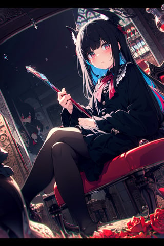 an extremely delicate and beautiful girl,  dynamic angle,  chromatic aberration,  ((colorful)), //, 1girls, loli, (petite child:1.1), //, (in Gothic castle), girl with black hair, red eyes, Vertical pupil, long hair, hair arrangement, (Detailed face description), (batwing), (Gothic Lolita), (bat tail), alccandlestick, Cathedral glass, , short skirt, black pantyhose, red lace, high heels, rose tattoo, throne, sitting, crossed legs, //, （detailed eyes:1.5)