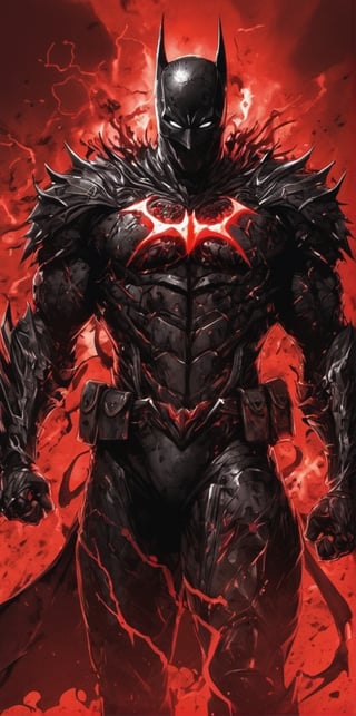 Batman fused with Guts, red aura made of Bats, blood, marvel, Batman, strong pose, guts, Berserk, anime_berserk, the berserker armour, dog skull helmet, venom symbioti, red trail of bats, Reddeath(the flash)