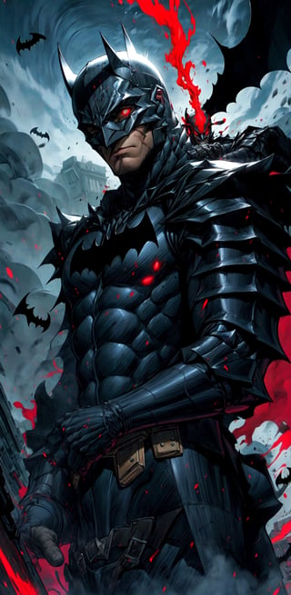 guts fused with Batman \(berserk\), one eye closed, manly, scar, male focus، red Aura, ((the berserker Armour)), (black armour), ((helmet)), (((red aura))), insanevoid, glowing eyes, \(theme\), {{detailed}},a strong pose, view from far, ((BATMAN)),r1ge