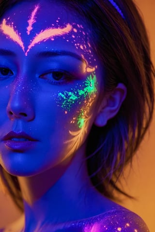 xxmix_girl, portrait of a woman with blacklight makeup, soft light, sunshine, xxmix girl woman, blacklight makeup, , , ,detailmaster2