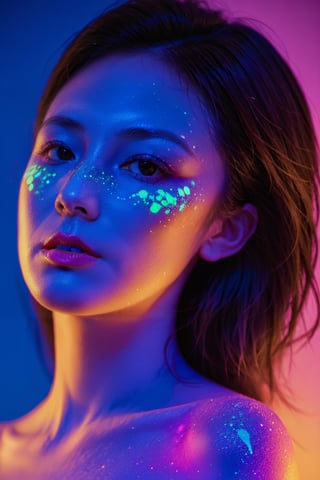 xxmix_girl, portrait of a woman with blacklight makeup, soft light, sunshine, xxmix girl woman, blacklight makeup, , , ,detailmaster2