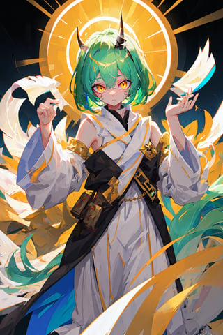 girl, solo, 1girl, short light green hair, black horns, yellow eyes, glowing eyes, white robes, detached sleeves, overly long sleeves, sleeves past fingers, depth of field, (masterpiece:1.2), (best quality:1.3), masterful composition