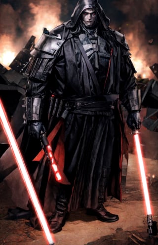 Large man in Sith gear holding a black lightsaber, destruction,complex_background,muscular_body.