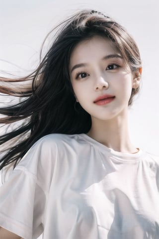 masterpiece, best quality, 1girl ((pure white background)), black hair, floating hair, blush, looking at viewers, white T-shirt, happy, ((front)),upper body, close-up, (studio light)