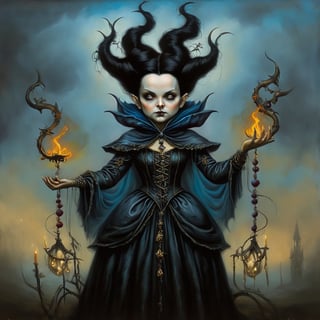 evil mage, in the style of esao andrews, baroque, black_hair, gothic