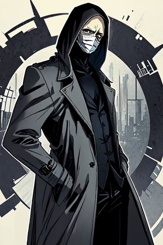 man with a trenchcoat, hands in his pocket, sketchlines, thin silouette, full figure, highly detailed, b&w, gazmask
