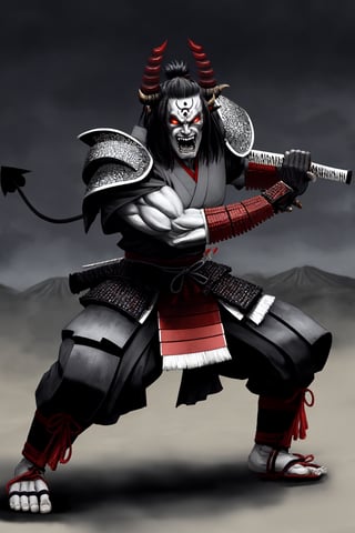 oni demon, male, ultra detailed, evil, japanese version, samurai version, japanese village background, traditional japanese weapon, light gray skin, fighting stance, samurai armour