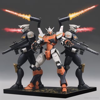 macross_mecha, full figure, F14_tomcat, super_robot, flying_pose, humanoid, combat_airplane, black&orange, camouflage_paint, full_face_mask, beefy, shoulder cannon, standing pose, big rifle, larger_legs, big calves
