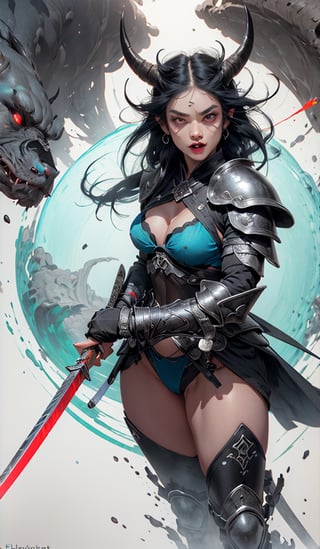 masterpiece, well illustrated, hd, charcoal particles, (((woman, long black hair (black, short horns), red left eye, light blue right eye, long eyelashes, round eyes, fangs, large body, heavy armor ))). (a scythe weapon in one hand), full body, purple light particles floating in the background, light, darkness, bags under the eyes, eyeliner ((watermark, Echo by Yawata)).,fantasy,Circle,weapon, lingerie