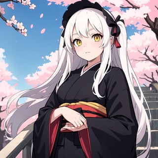 masterpiece, best quality, 1girl, yellow eyes, long hair, white hair, tree, stairs, standing, kimono, sky, cherry blossoms, temple, looking at viewer, upper body, from below, lady_raven, black, gothic_lolita