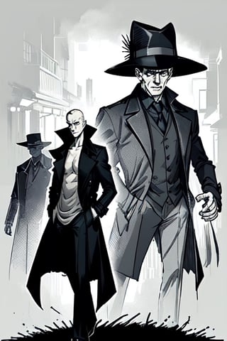 man with a trenchcoat, hands in his pocket, sketchlines, thin silouette, full figure, highly detailed, b&w, the sandman
