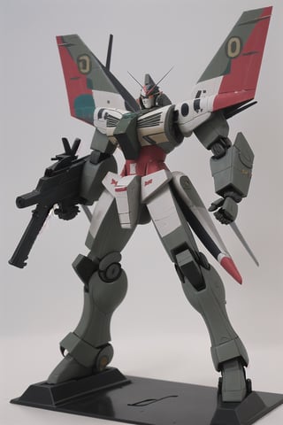 macross_mecha, full figure, F14_tomcat, super_robot, flying_pose, humanoid, combat_airplane, grey, camouflage_paint, full_face_mask, beefy, shoulder cannon, standing pose, big rifle
