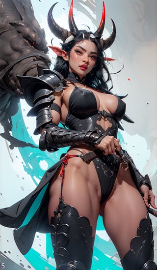 masterpiece, well illustrated, hd, charcoal particles, (((woman, long black hair (black, short horns), red left eye, light blue right eye, long eyelashes, round eyes, fangs, large body, heavy armor ))). (a scythe weapon in one hand), full body, purple light particles floating in the background, light, darkness, bags under the eyes, eyeliner ((watermark, Echo by Yawata)).,fantasy,Circle,weapon, red_lingerie, sexy