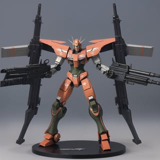 macross_mecha, full figure, F14_tomcat, super_robot, flying_pose, humanoid, combat_airplane, black&orange, camouflage_paint, full_face_mask, beefy, shoulder cannon, standing pose, big rifle, larger_legs, big calves
