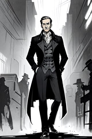 man with a trenchcoat, hands in his pocket, sketchlines, thin silouette, full figure, highly detailed, b&w, hamilton
