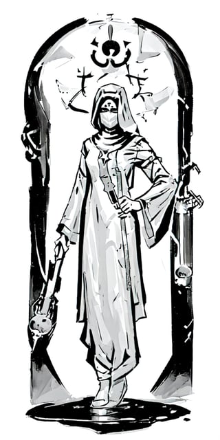 cultist, tunic, mask, full-body_portrait, female,wearing wrenchpjbss,Science Fiction, b&w, dagger,inksketch