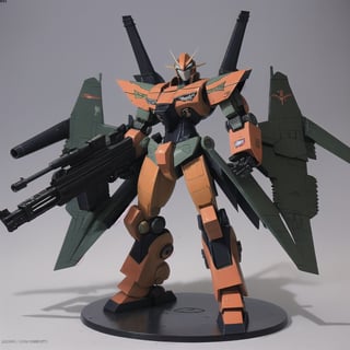 macross_mecha, full figure, F14_tomcat, super_robot, flying_pose, humanoid, combat_airplane, black&orange, camouflage_paint, full_face_mask, beefy, shoulder cannon, standing pose, big rifle, larger_legs, big calves
