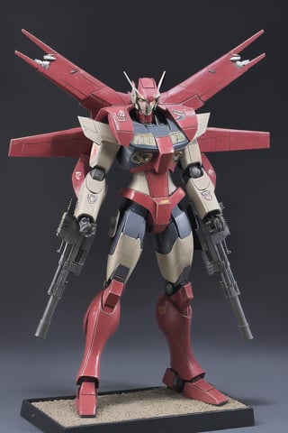 macross_mecha, full figure, F14_tomcat, super_robot, flying_pose, humanoid, combat_airplane, red, camouflage_paint, full_face_mask, beefy, shoulder cannon, standing pose, big rifle
