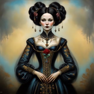 young and beautiful noble woman, in the style of esao andrews, baroque, black_hair, gothic