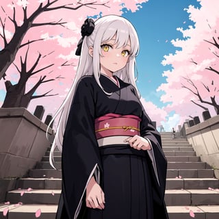 masterpiece, best quality, 1girl, yellow eyes, long hair, white hair, tree, stairs, standing, kimono, sky, dead cherry blossoms, temple, looking at viewer, upper body, from below, lady_raven, black, gothic_lolita