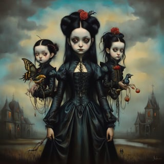 siblings, in the style of esao andrews, baroque, black_hair, gothic