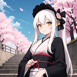 masterpiece, best quality, 1girl, yellow eyes, long hair, white hair, tree, stairs, standing, kimono, sky, dead cherry blossoms, temple, looking at viewer, upper body, from below, lady_raven, black, gothic_lolita