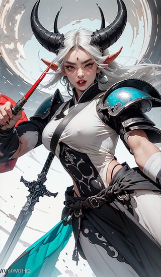masterpiece, well illustrated, hd, charcoal particles, (((woman, long white hair (black, short horns), red left eye, light blue right eye, long eyelashes, round eyes, fangs, large body, heavy armor ))). (a scythe weapon in one hand), full body, purple light particles floating in the background, light, darkness, bags under the eyes, eyeliner ((watermark, Echo by Yawata)).,fantasy,Circle,weapon