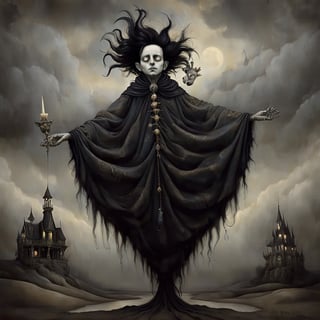 sandman_king_of_dreams, in the style of esao andrews, baroque, black_hair, b&w, gothic