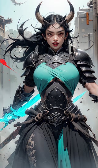 masterpiece, well illustrated, hd, charcoal particles, (((woman, long black hair (black, short horns), red left eye, light blue right eye, long eyelashes, round eyes, fangs, large body, heavy armor ))). (a scythe weapon in one hand), full body, purple light particles floating in the background, light, darkness, bags under the eyes, eyeliner ((watermark, Echo by Yawata)).,fantasy,Circle,weapon