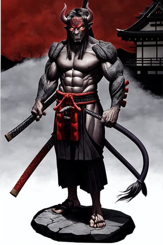 oni demon, male, full figure, standing pose, ultra detailed, evil, japanese version, samurai version, japanese village background, traditional japanese weapon