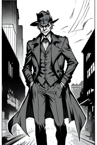 man with a trenchcoat, hands in his pocket, sketchlines, thin silouette, full figure, highly detailed, b&w, the joker
