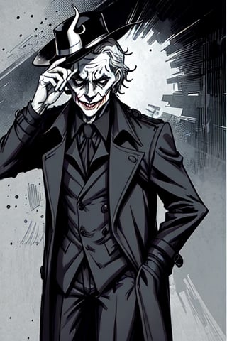 man with a trenchcoat, hands in his pocket, sketchlines, thin silouette, full figure, highly detailed, b&w, the joker
