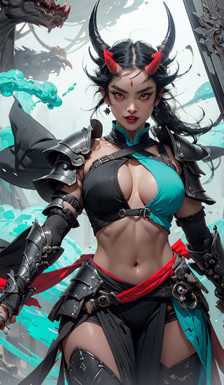 masterpiece, well illustrated, hd, charcoal particles, (((woman, long black hair (black, short horns), red left eye, light blue right eye, long eyelashes, round eyes, fangs, large body, heavy armor ))). (a scythe weapon in one hand), full body, purple light particles floating in the background, light, darkness, bags under the eyes, eyeliner ((watermark, Echo by Yawata)).,fantasy,Circle,weapon, red_lingerie, sexy