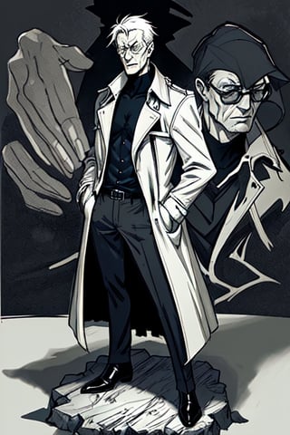 man with a trenchcoat, hands in his pocket, sketchlines, thin silouette, full figure, highly detailed, b&w, the sandman
