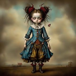 little_girl, in the style of esao andrews, baroque, full figure, hands in pocket, rugged_cloths