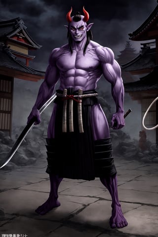 oni demon, male, full figure, standing pose, ultra detailed, evil, japanese version, samurai version, japanese village background, traditional japanese weapon, light purple skin