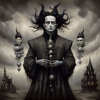 sandman_king_of_dreams, in the style of esao andrews, baroque, black_hair, b&w, gothic