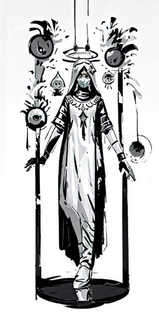 cultist, tunic, mask, full-body_portrait, female,wearing wrenchpjbss,Science Fiction, b&w, dagger, temple