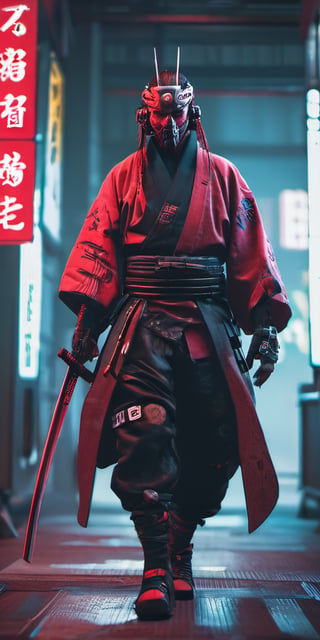 cyberpunk, samurai, red, full_figure, mask