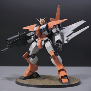 macross_mecha, full figure, F14_tomcat, super_robot, flying_pose, humanoid, combat_airplane, black&orange, camouflage_paint, full_face_mask, beefy, shoulder cannon, standing pose, big rifle, larger_legs, big calves
