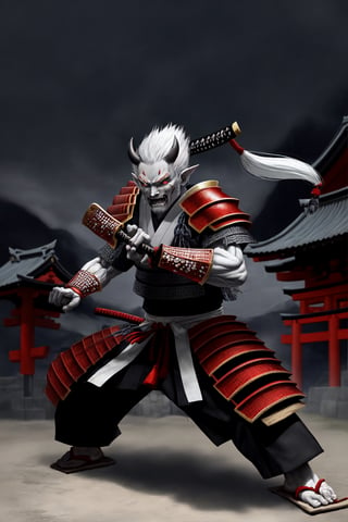 oni demon, male, ultra detailed, evil, japanese version, samurai version, japanese village background, traditional japanese weapon, light gray skin, fighting stance, samurai armour